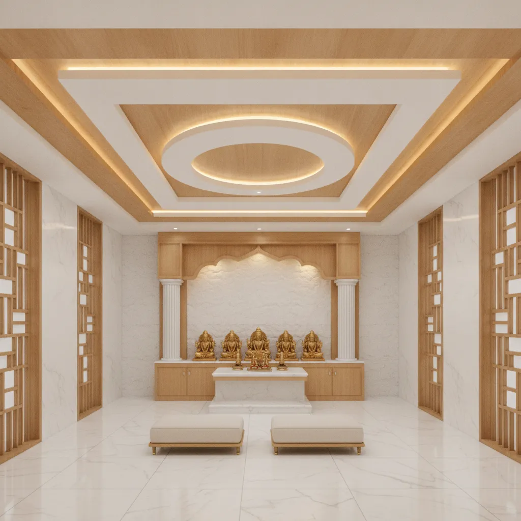 puja room ceiling design framing the mandir with lighting