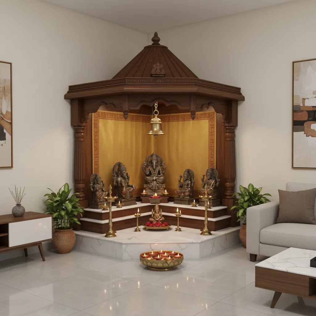 Corner puja room layout in living room with wooden frame shrine