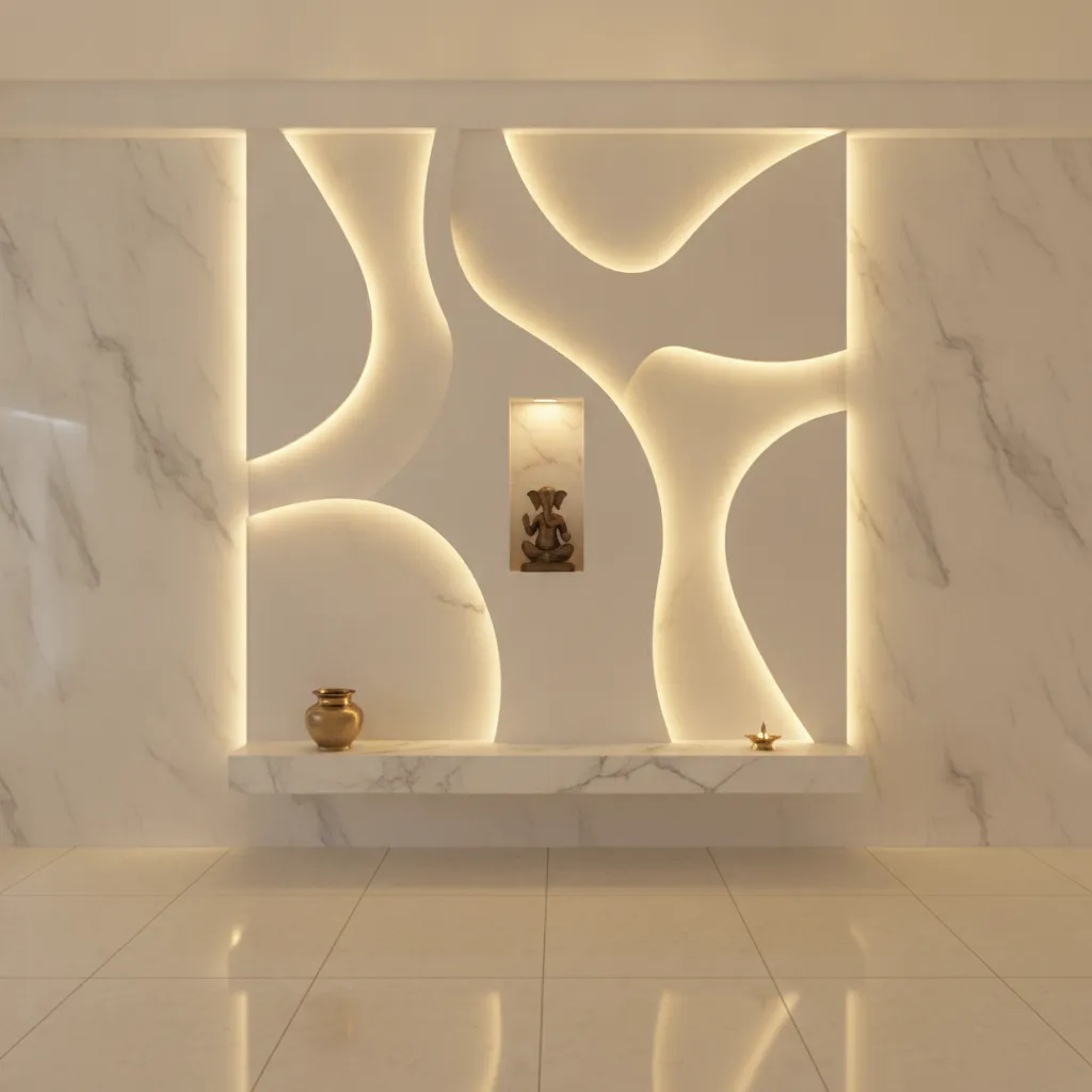 POP puja wall with hidden LED lighting creating spiritual ambience