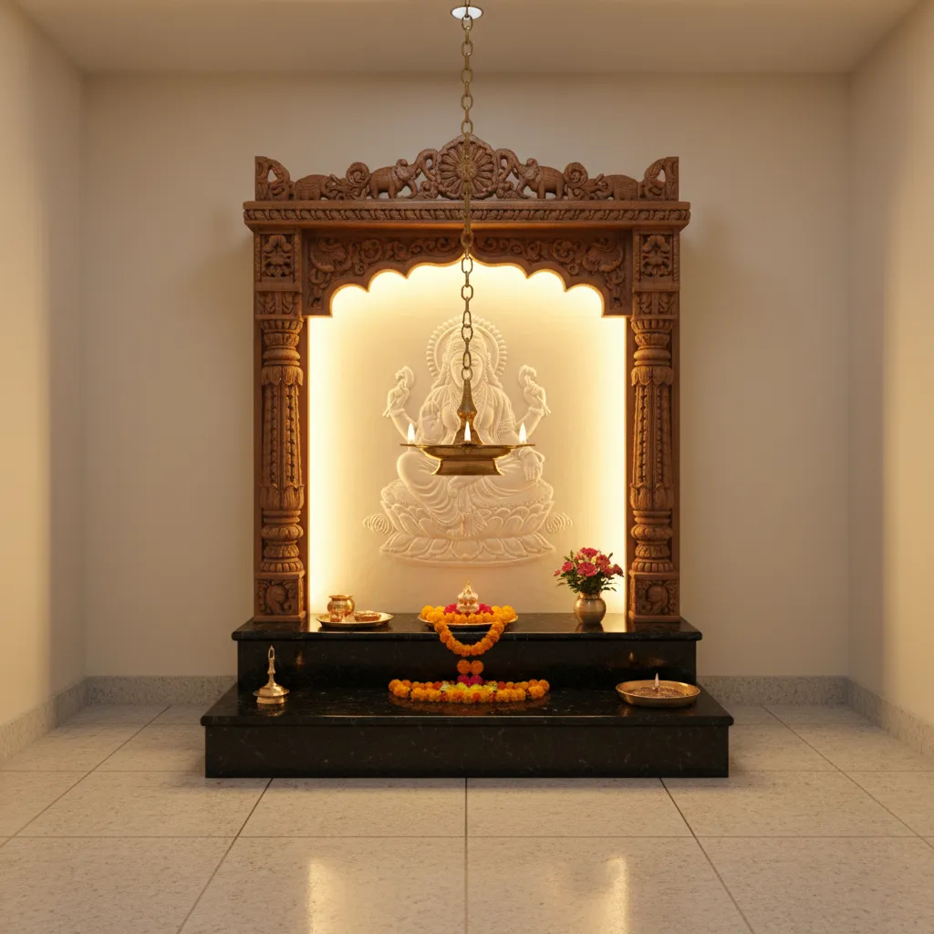 South Indian puja room lighting with brass lamp and backlit altar