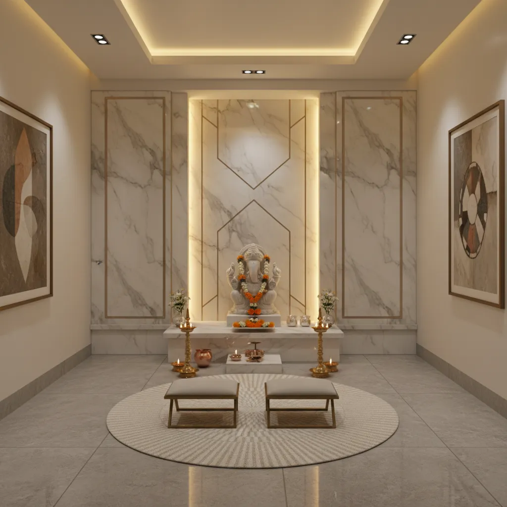 modern puja room lighting with warm LED backlight and marble backdrop