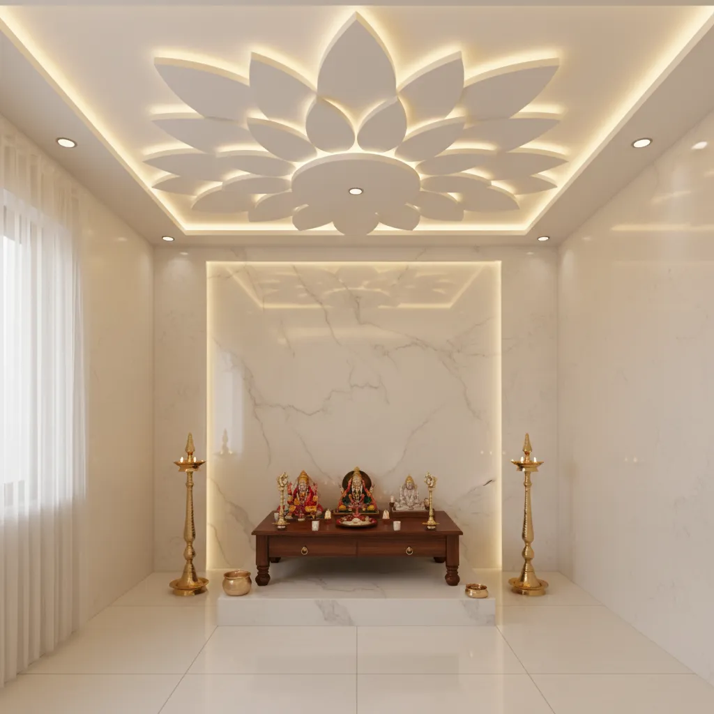 POP lotus ceiling design above small puja altar