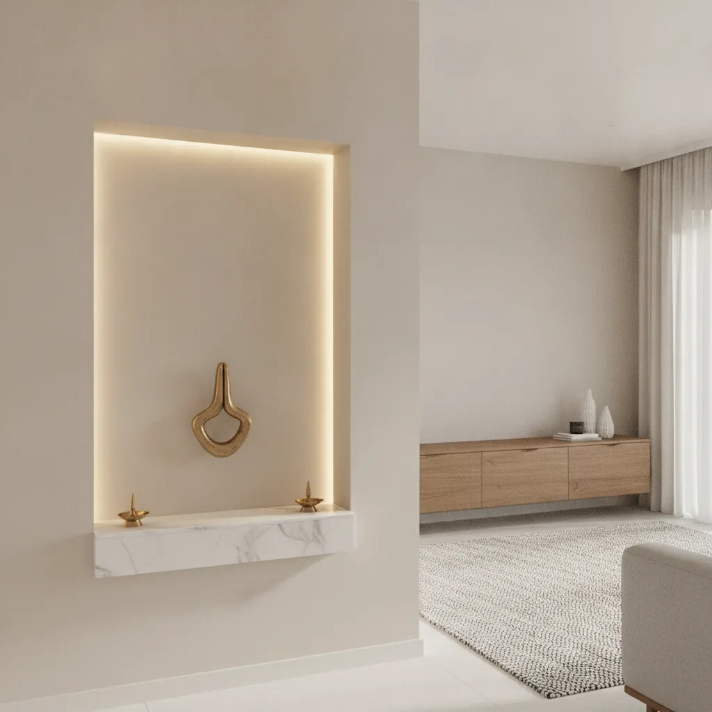 wall niche puja room design in modern apartment living room