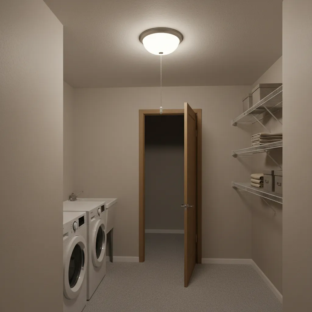 ceiling light fixture with pull chain in a small utility room
