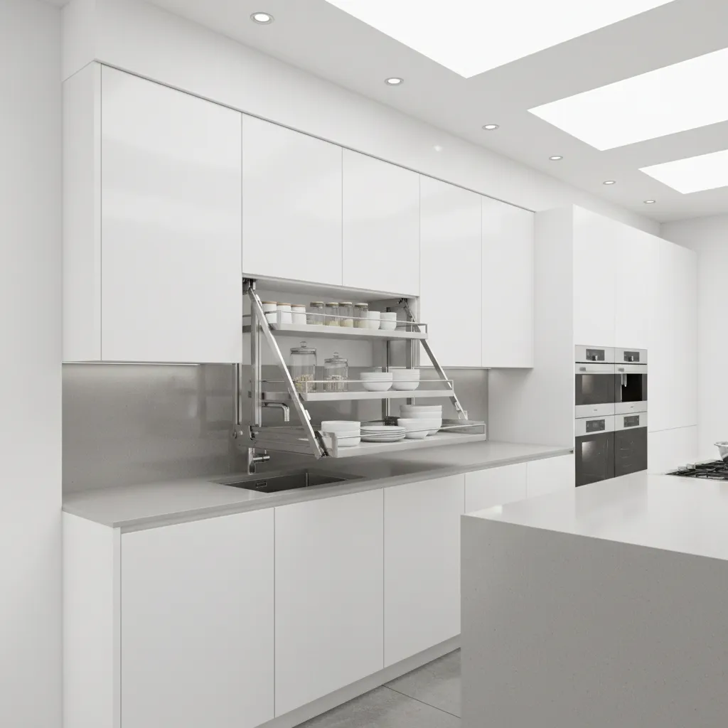 pull down cabinet shelf system bringing upper cabinet storage within reach