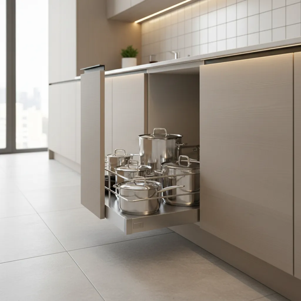 pull out cabinet organizer holding pots and pans