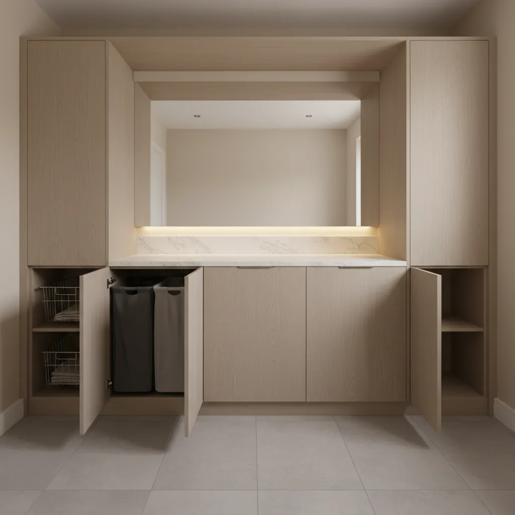 pull out cabinet laundry hamper built into cabinetry