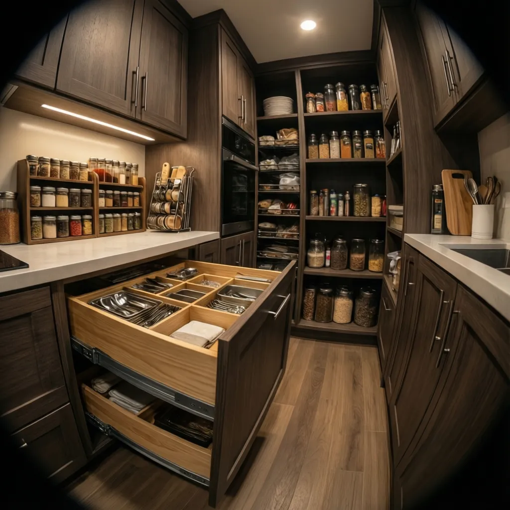 pull-out pantry and drawer organizers in small kitchen cabinet
