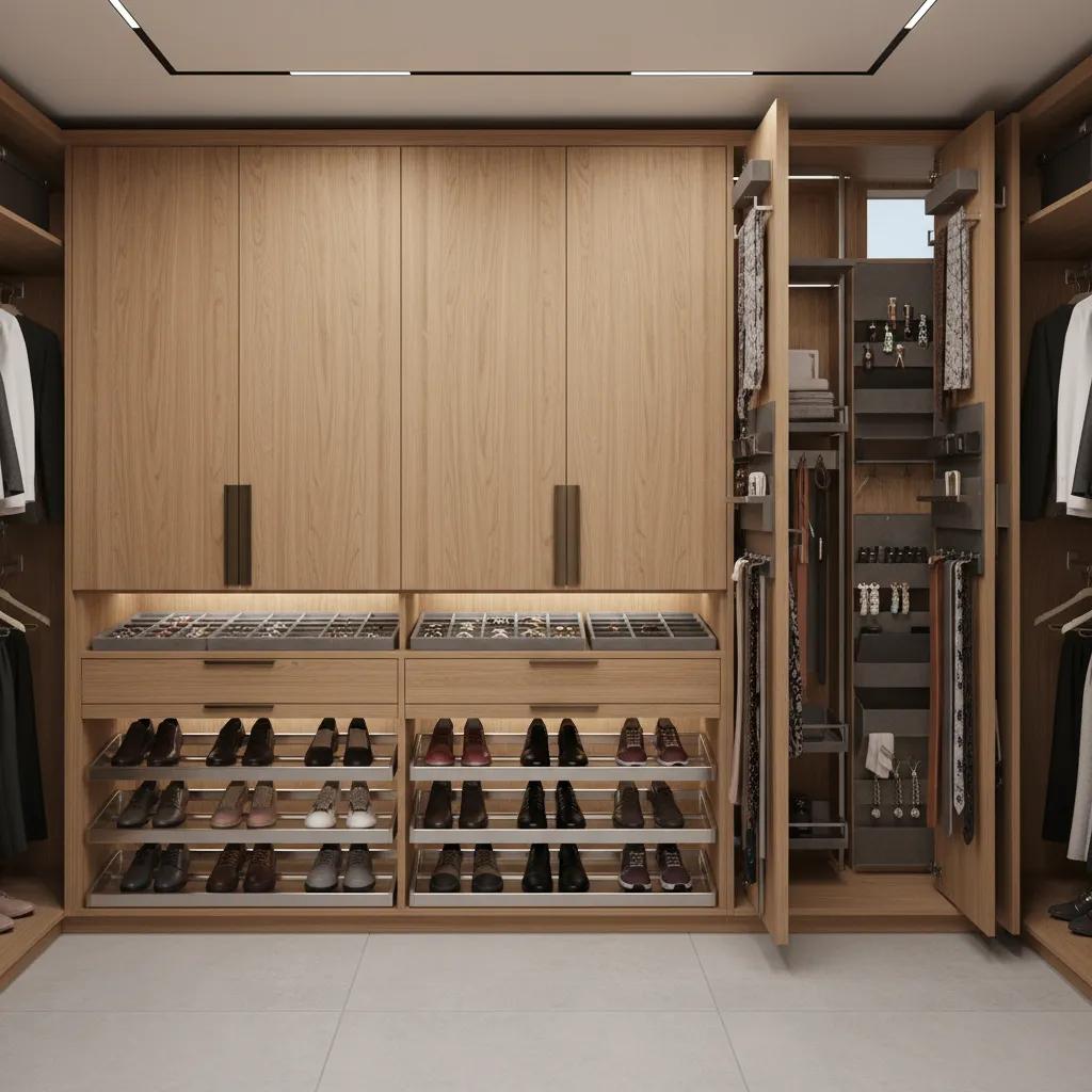 Pull out drawers and sliding organizers in modern closet storage system