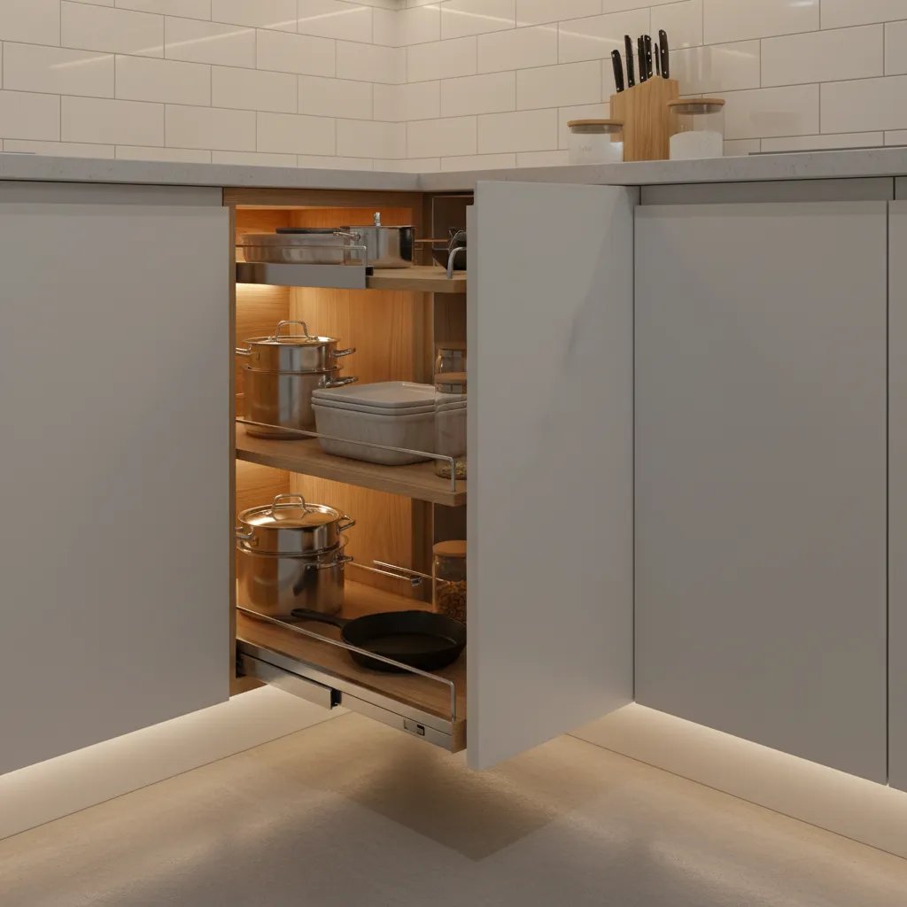 Modern pull-out corner cabinet system in kitchen base cabinet