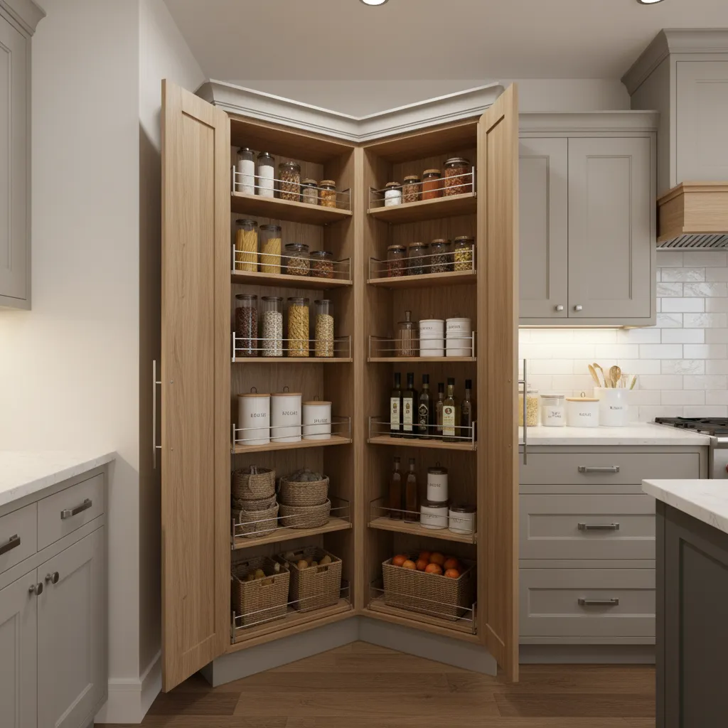 pull-out shelves inside deep corner pantry cabinet