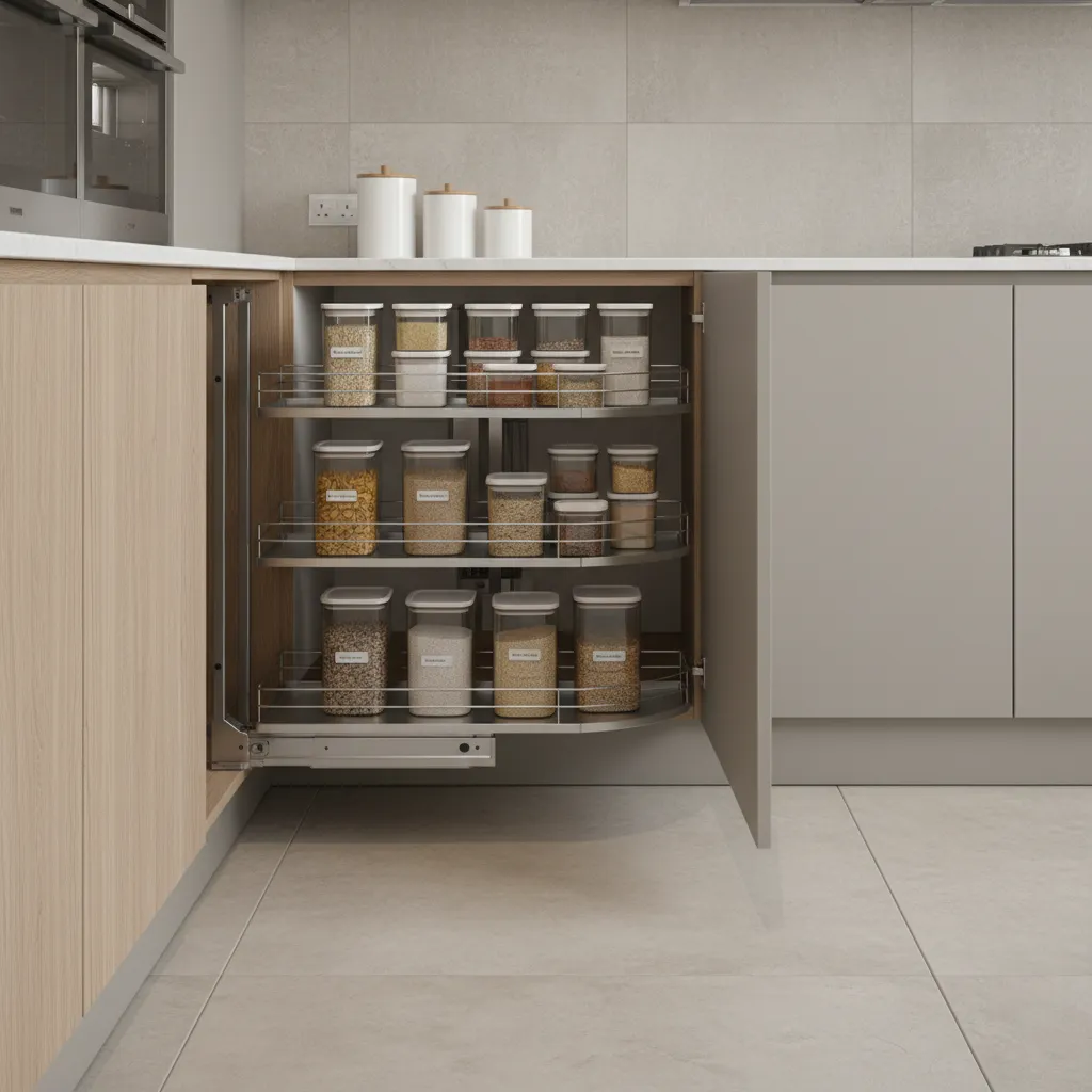 Pull out corner pantry cabinet system extending shelves outward