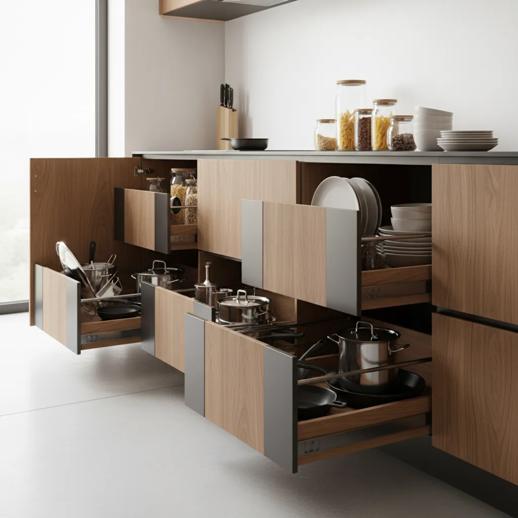 deep kitchen cabinet with sliding pull-out organizer drawers