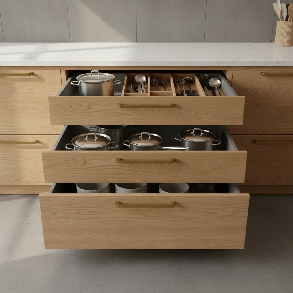 kitchen base cabinet with pull out drawers and organized cookware storage