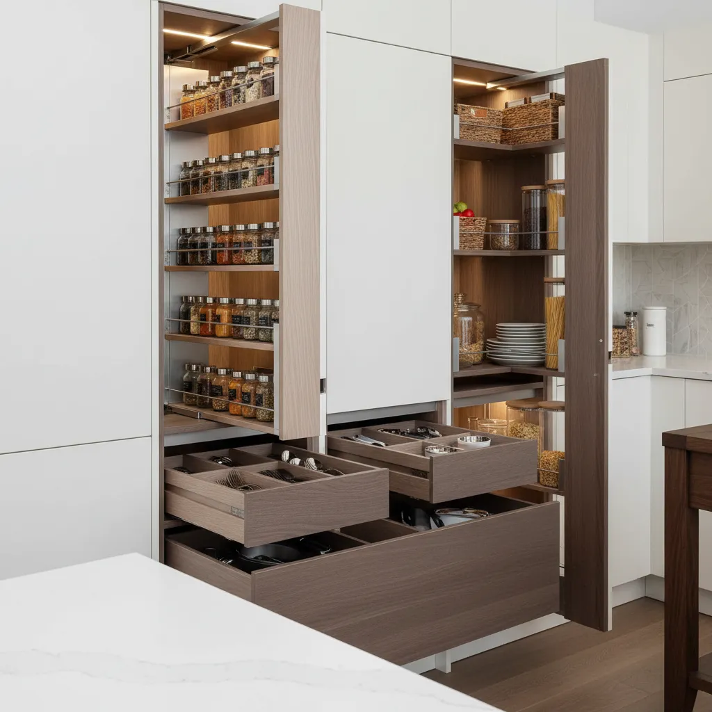 Pull out kitchen cabinet organizers in a compact kitchen