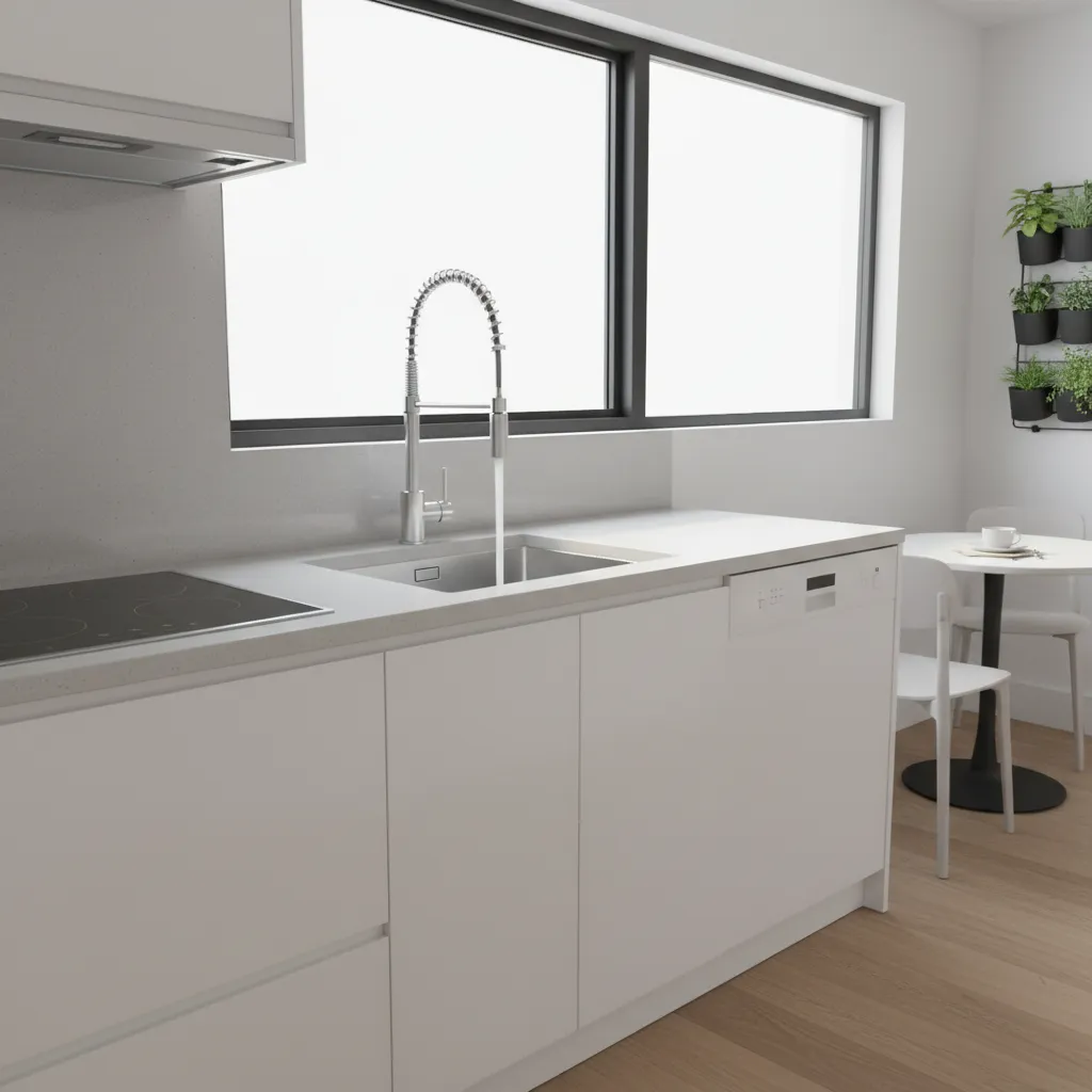 pull out kitchen faucet sprayer extended horizontally across sink