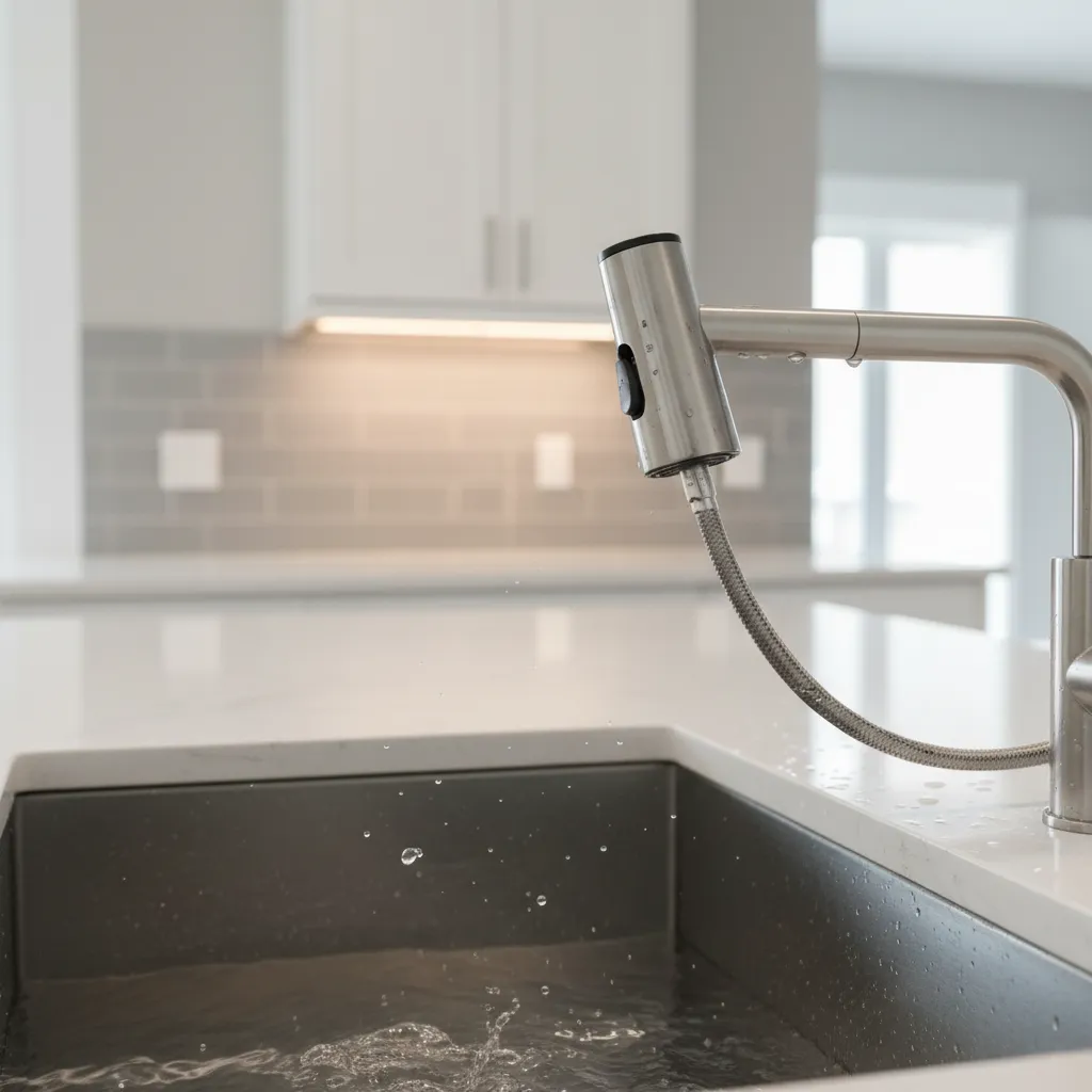 Close view of pull out kitchen faucet spray head and hose extension