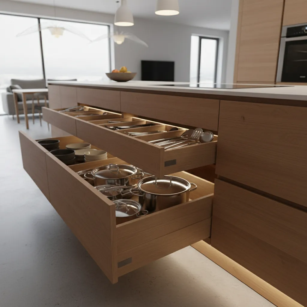 Deep pull out drawers under kitchen island storing cookware and utensils