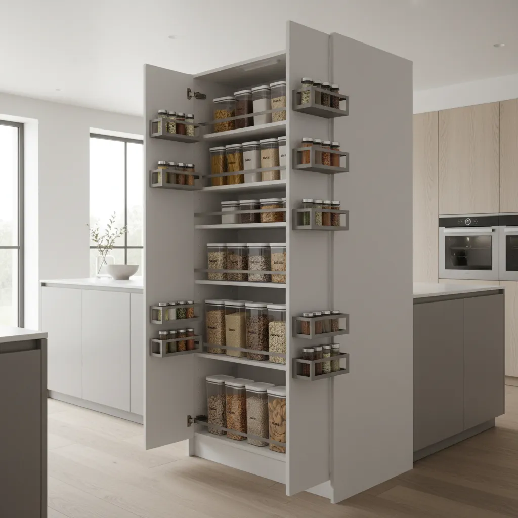 Pull out pantry storage system inside a small kitchen cabinet