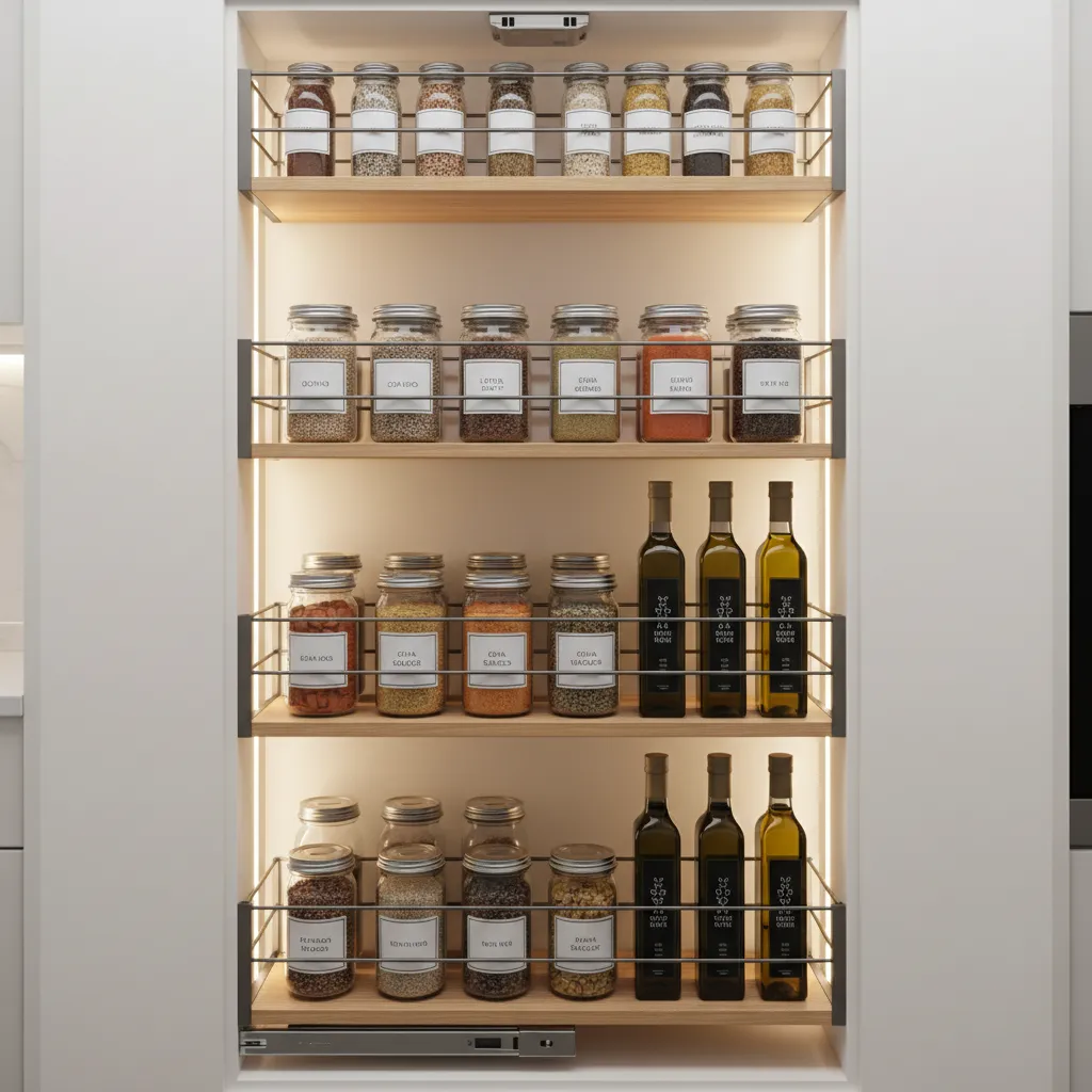Pull out pantry storage system in modular kitchen cabinet