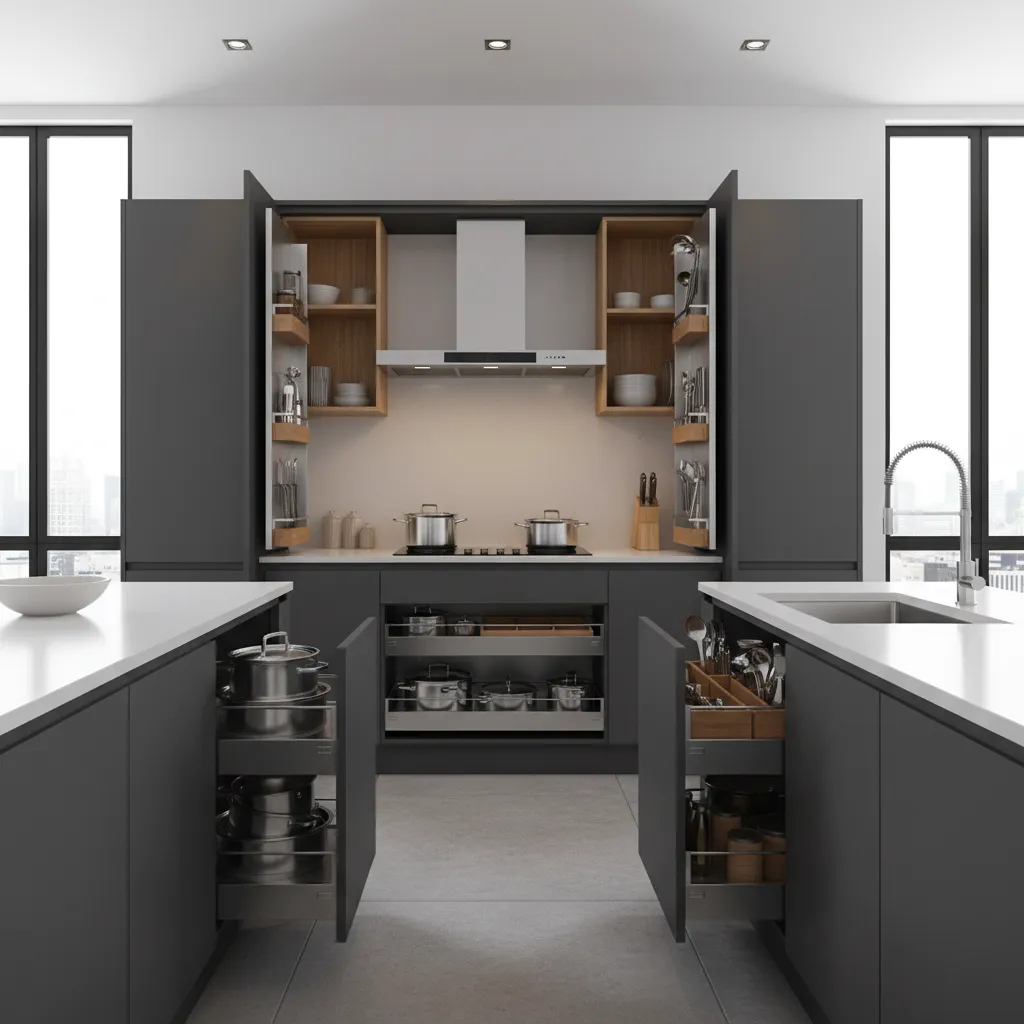 Modern pull out storage system inside a modular kitchen cabinet