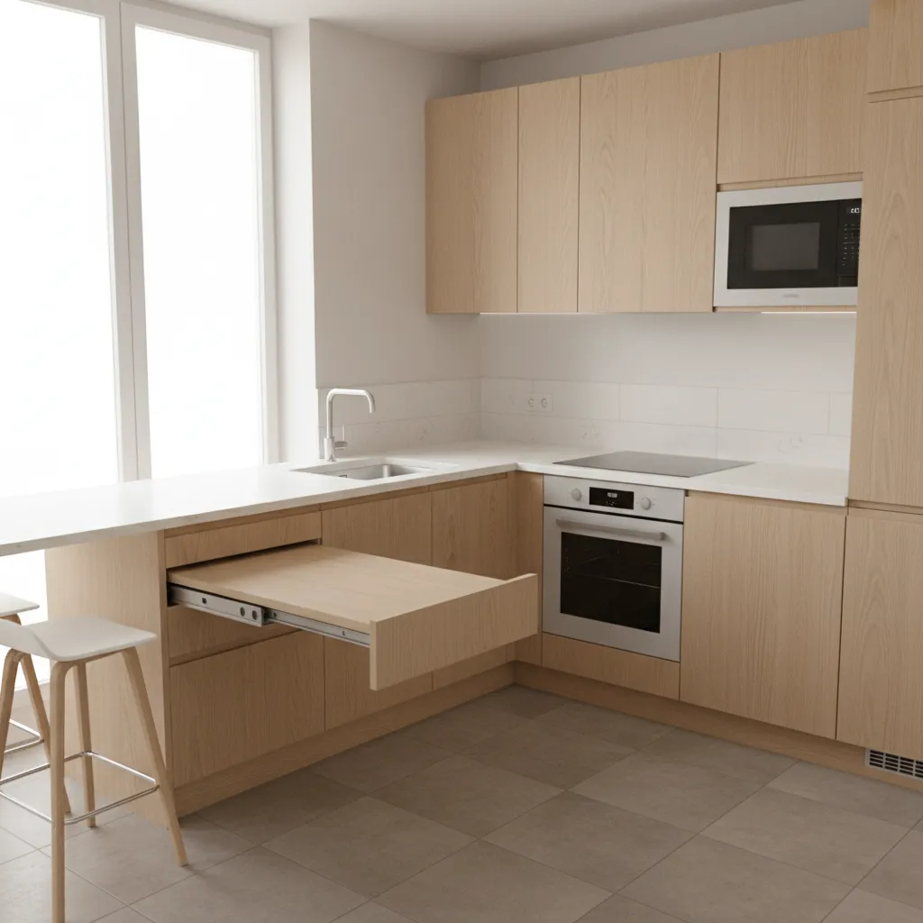 Pull out kitchen table sliding from a cabinet in a small modern kitchen