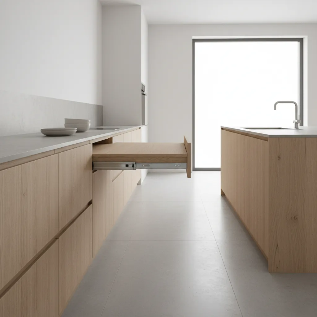 Pull out kitchen table sliding from cabinet showing drawer slide mechanism