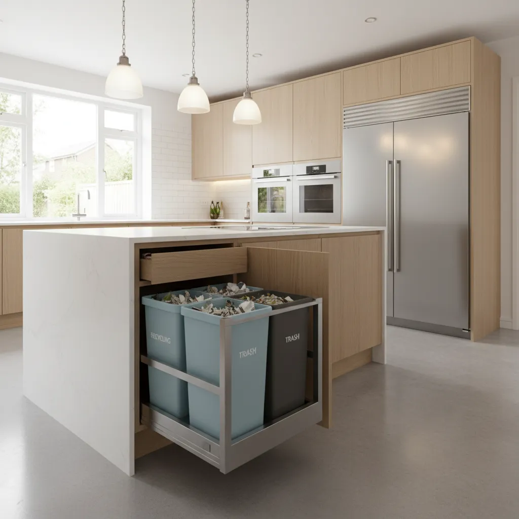 Pull out cabinet trash system with recycling bins in modern kitchen
