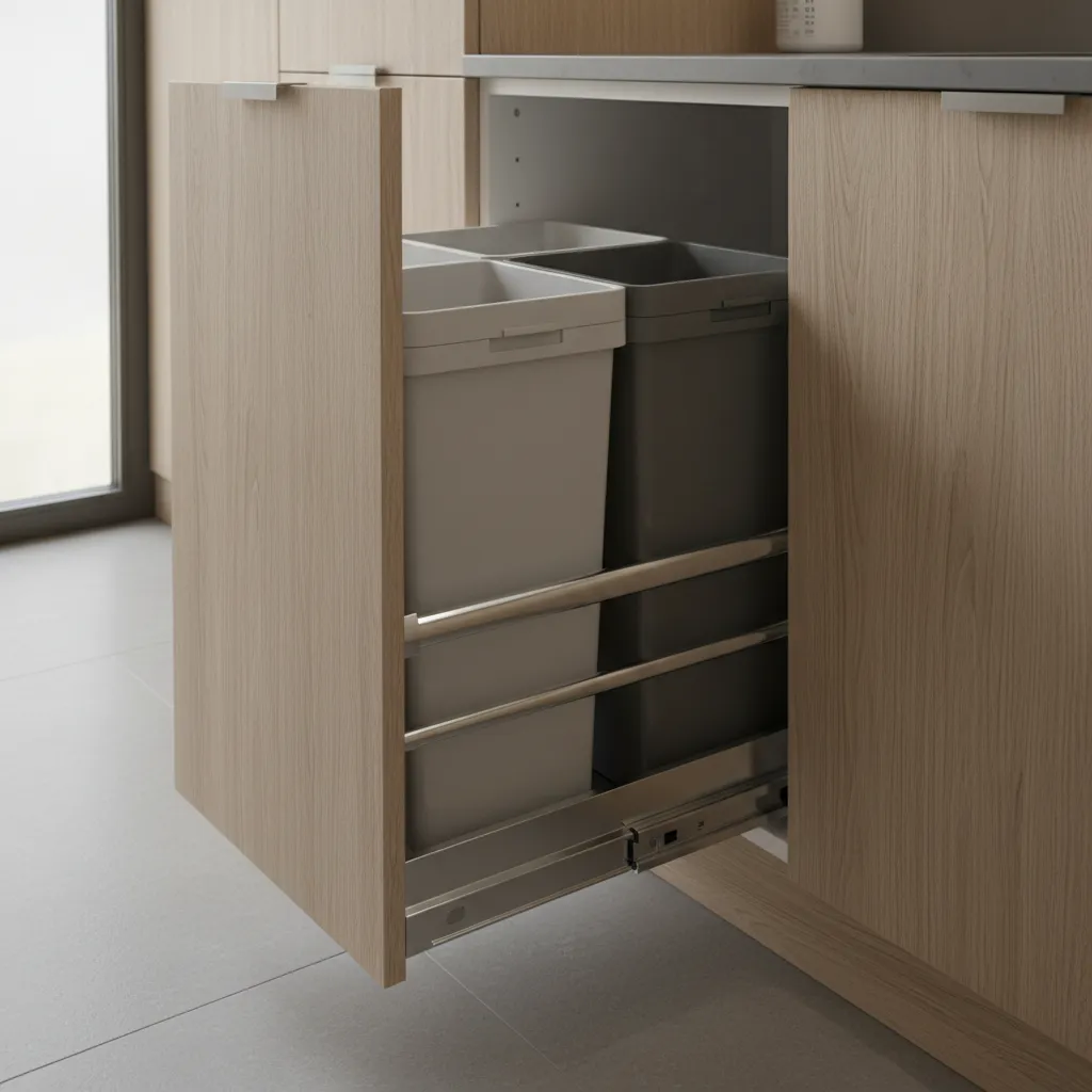 Close view of pull out kitchen trash drawer system with dual bins