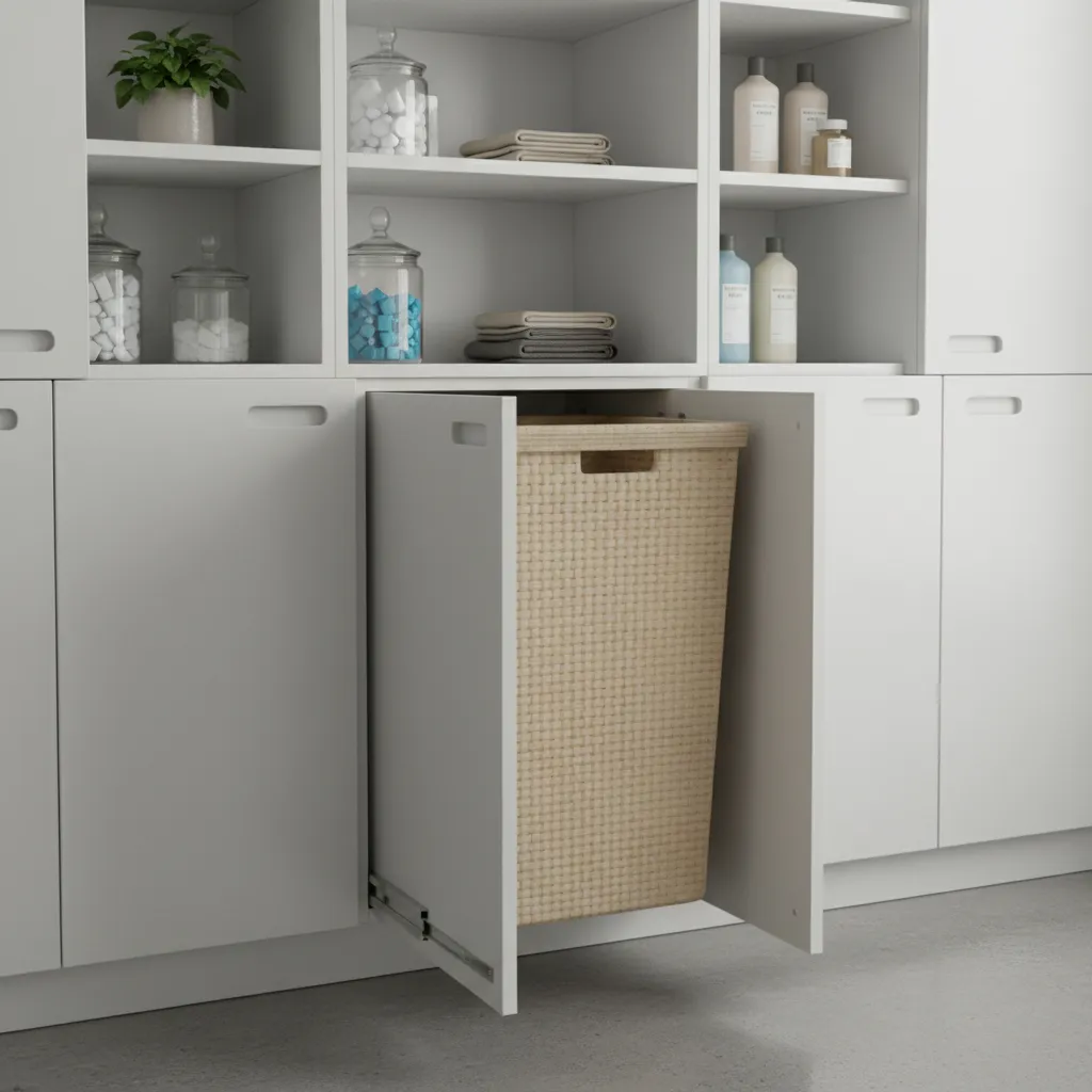 Modern white laundry room cabinet with a sliding drawer containing a large woven storage basket