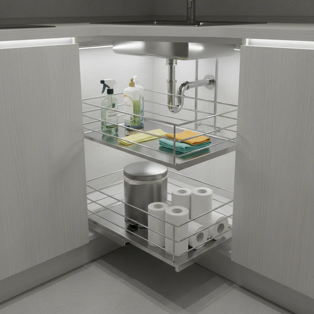 Pull-out storage trays installed inside corner sink cabinet