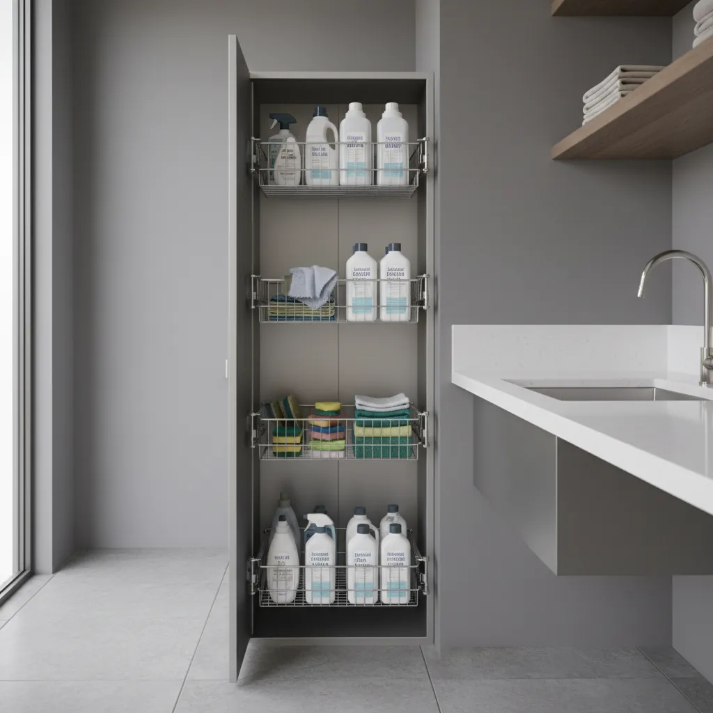 pull out baskets inside narrow laundry storage cabinet