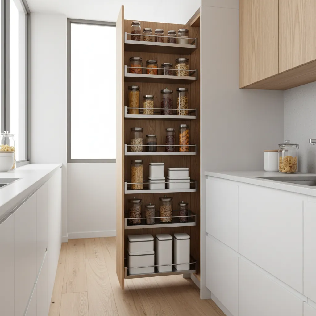 Vertical pull out pantry cabinet in a narrow kitchen space