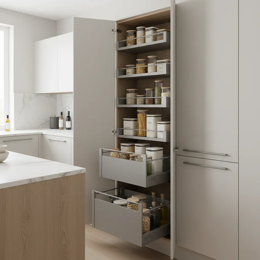 German pull out pantry tall unit with organized storage shelves