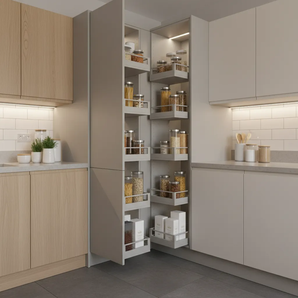 Pull-out shelves inside a tall corner kitchen cabinet