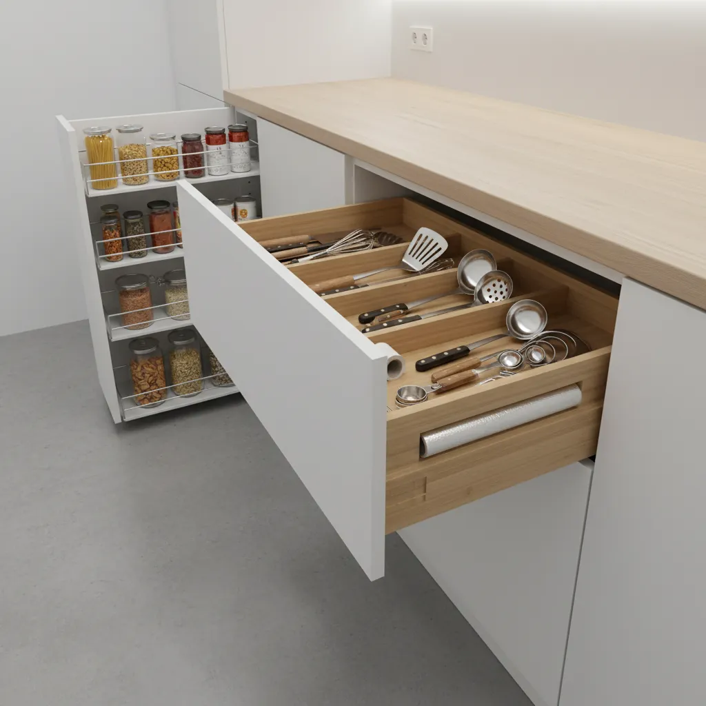 pull out pantry and drawer organizers in small kitchen