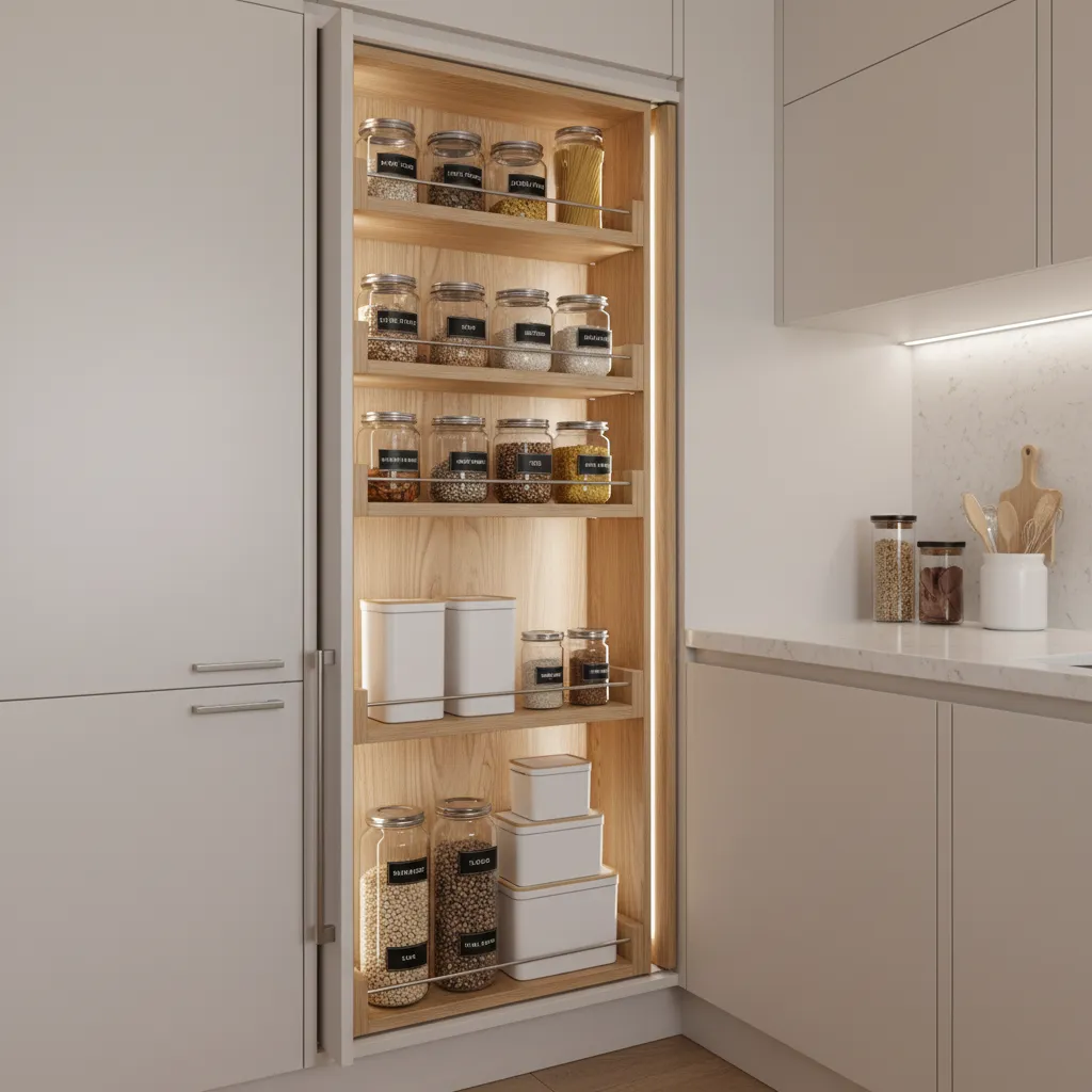 Pull-out pantry cabinet storage system inside a modern small kitchen