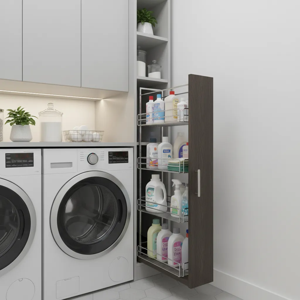 Small laundry room with two white washing machines and a tall slim cabinet for cleaning supplies