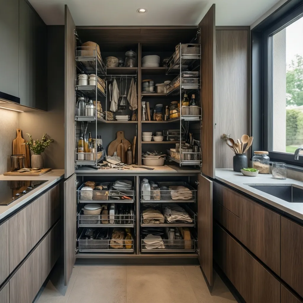 pull out pantry storage in a small modular kitchen cabinet