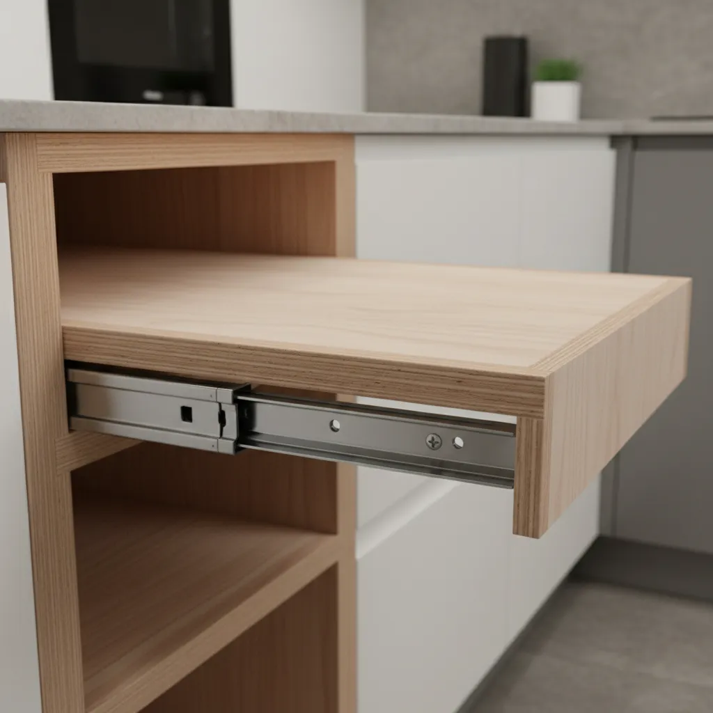 Steel slide mechanism for pull out table installed inside cabinet