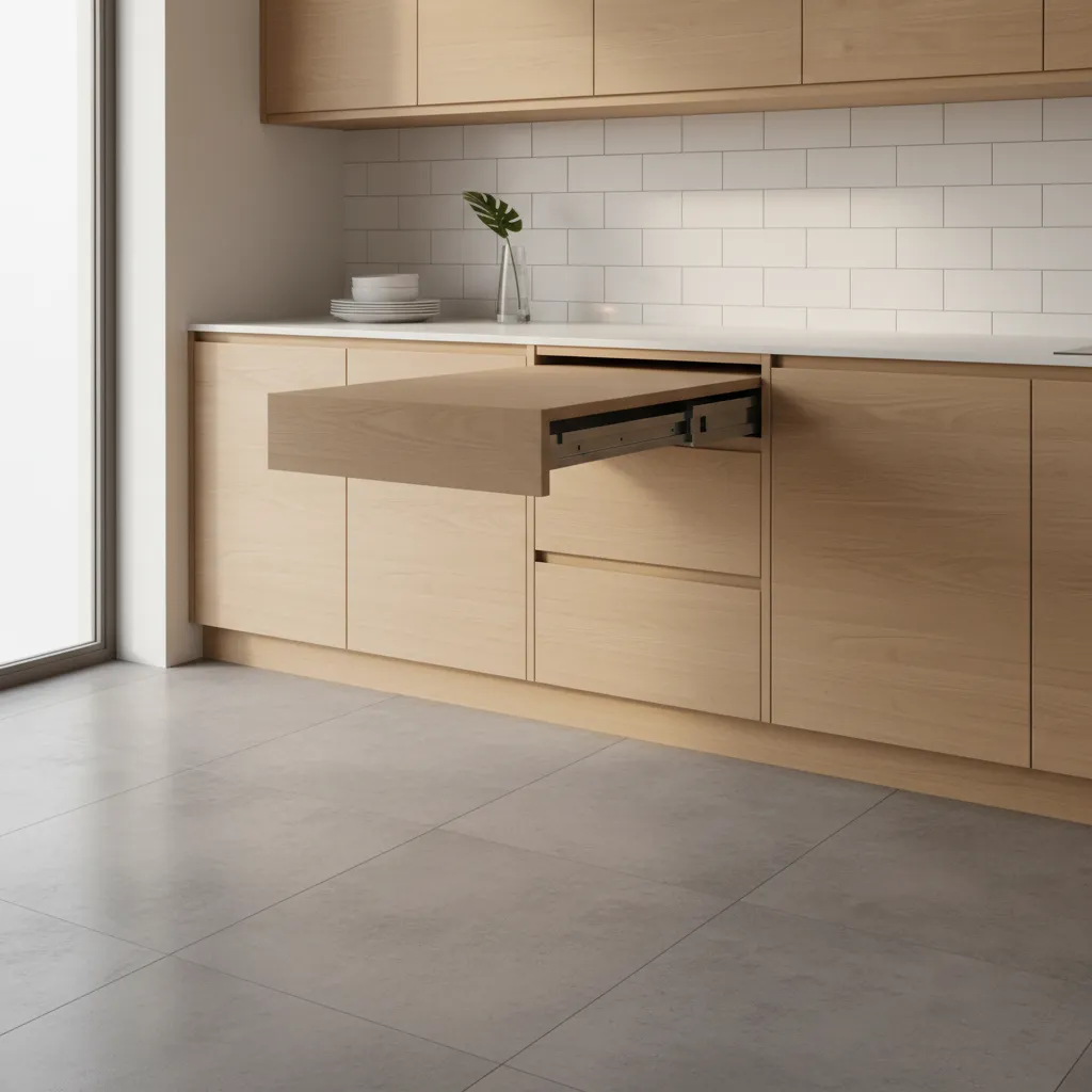 Kitchen cabinet with integrated pull out table and storage drawers