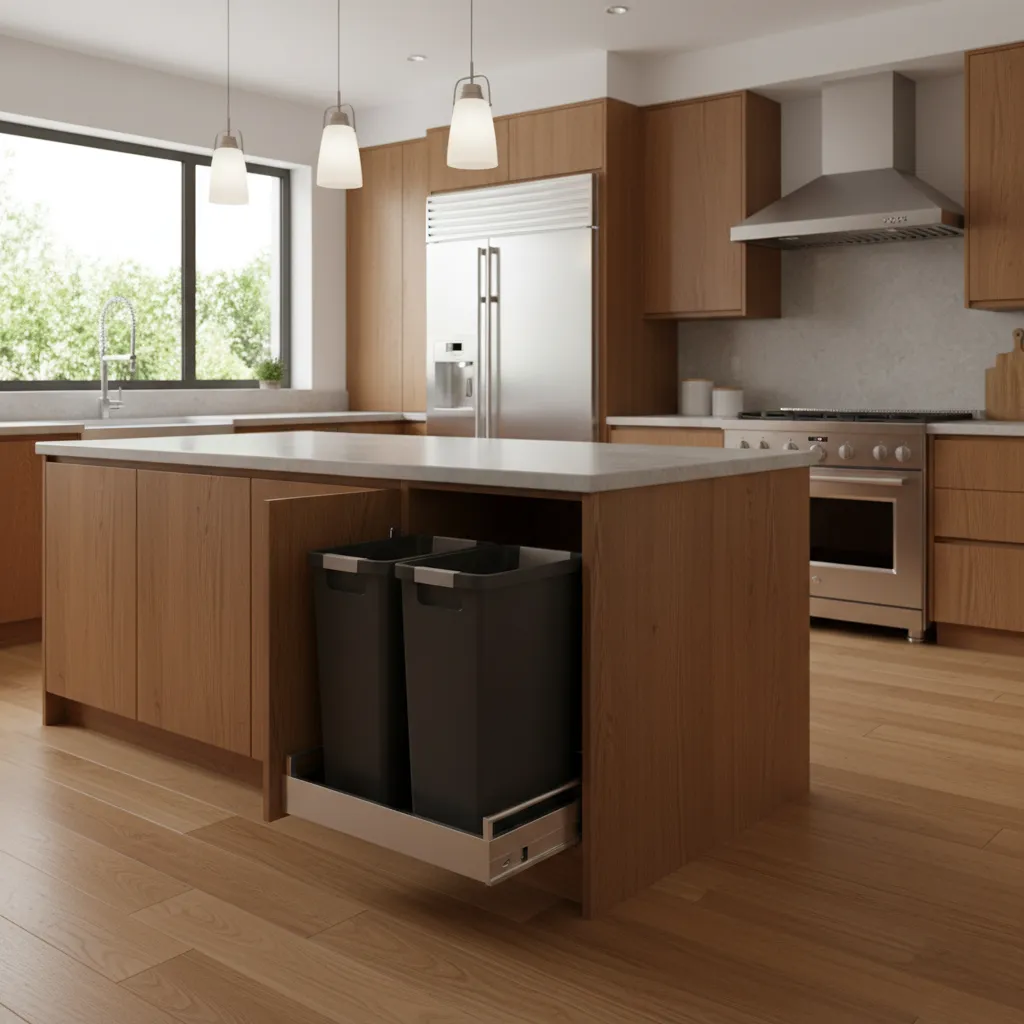 Pull out kitchen island trash bin system partially extended from cabinet