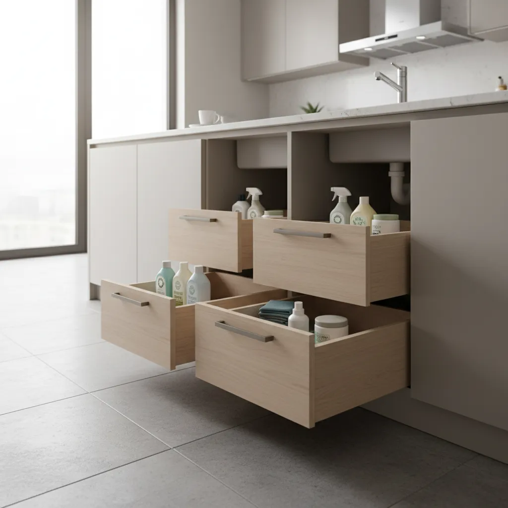 Pull out drawer system installed under kitchen sink cabinet