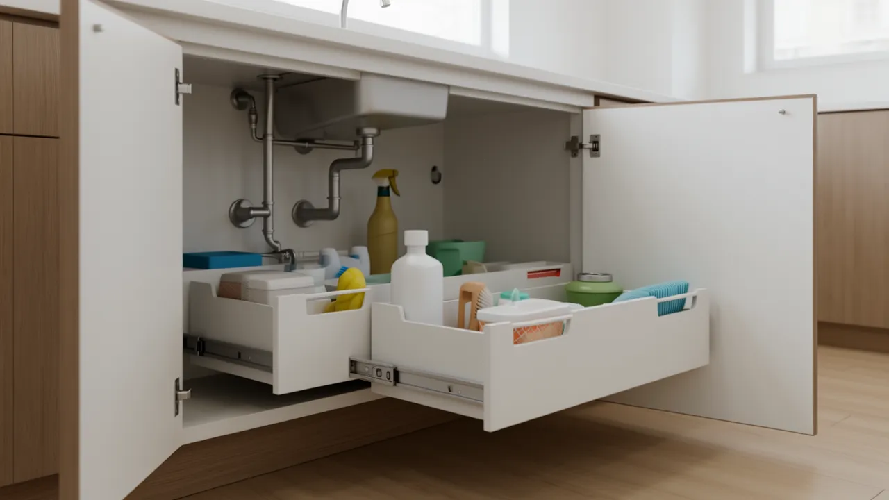 kitchen under sink pull out organizer drawers around plumbing