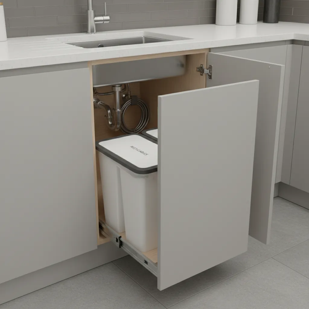 Pull out under sink dual trash and compost bins in compact kitchen cabinet