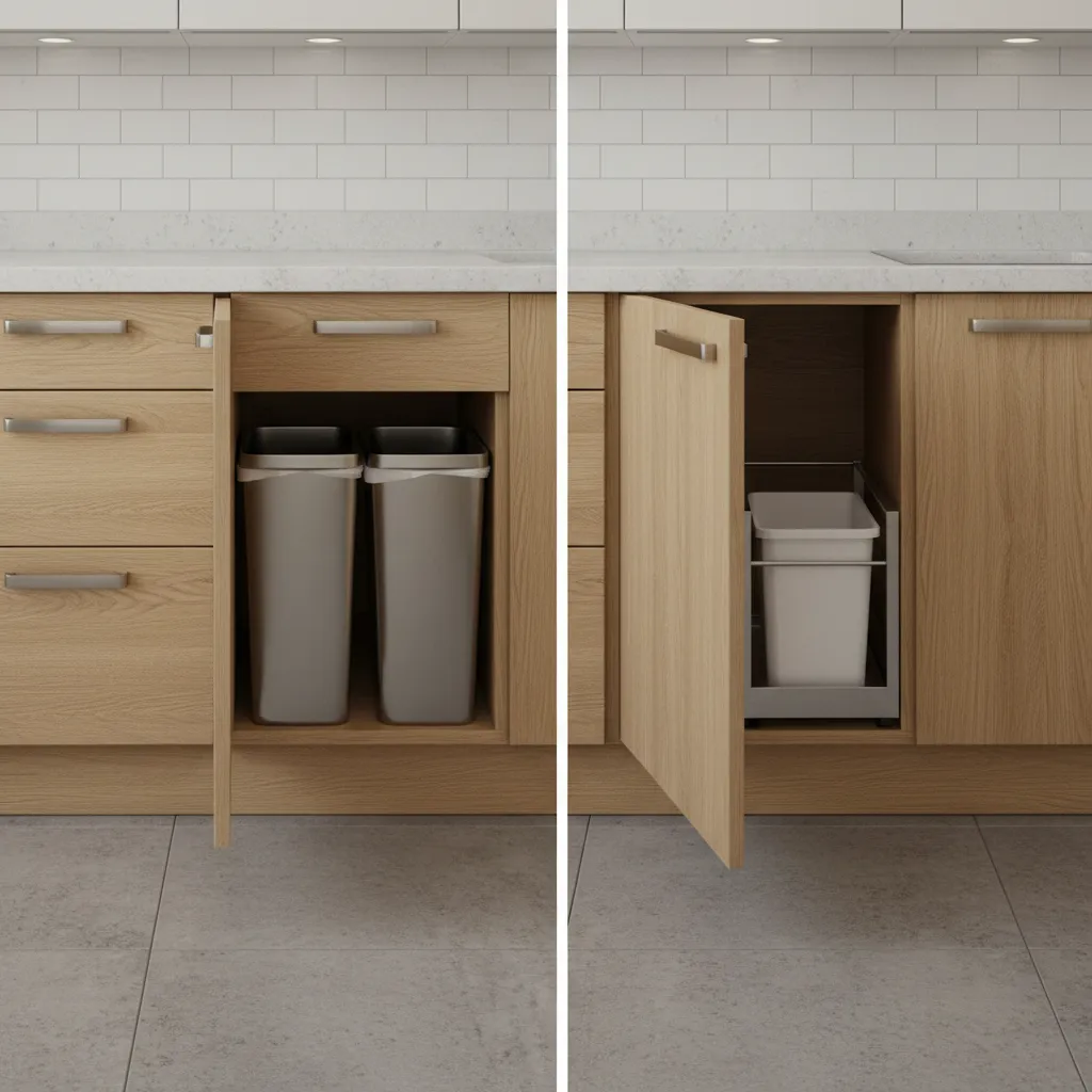 Comparison of large pull out trash bins and smaller tilt out bin in kitchen cabinet