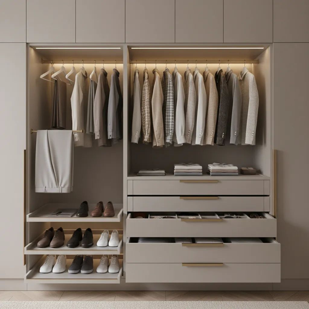Wardrobe interior with pull out trouser rack shoe tray and drawers