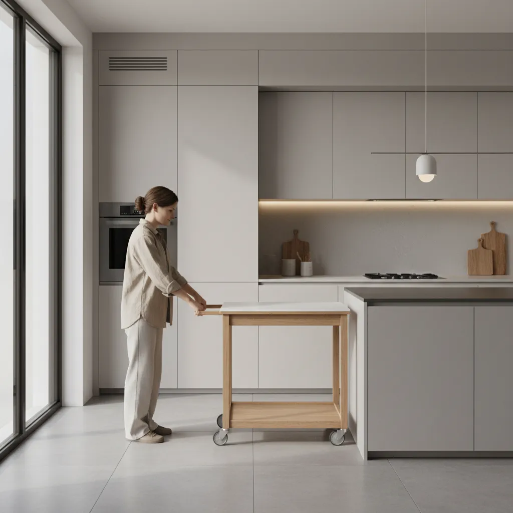 Person gently pulling kitchen trolley away from cabinet to clean floor