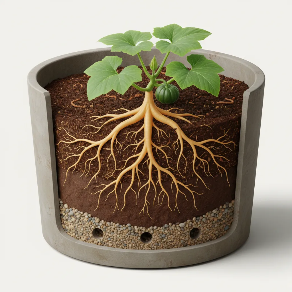 Diagram showing drainage layers inside a pumpkin container