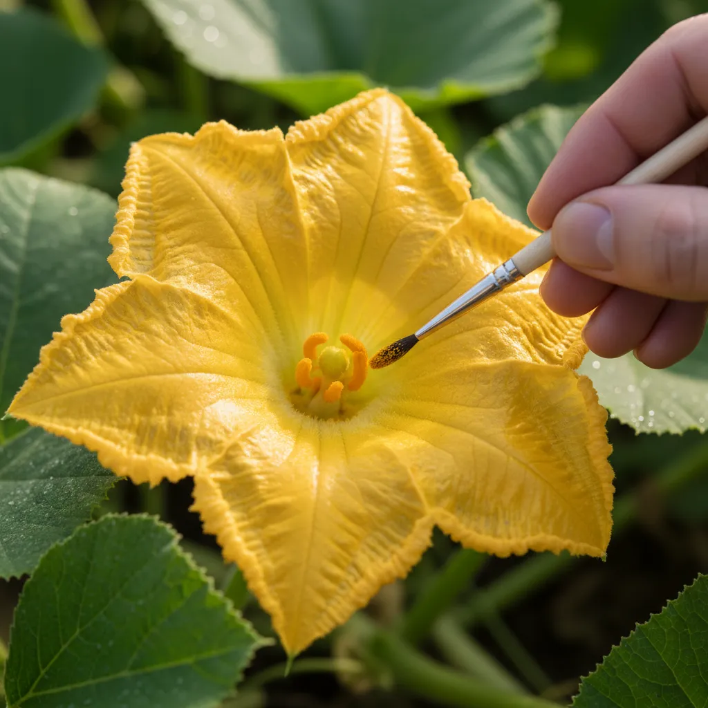 Hand pollinating a pumpkin flower using a small brush in a garden